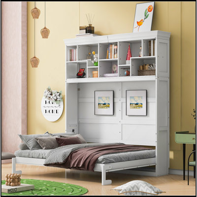 Grand lit escamotable mural avec tablettes supérieures et USB, blanc