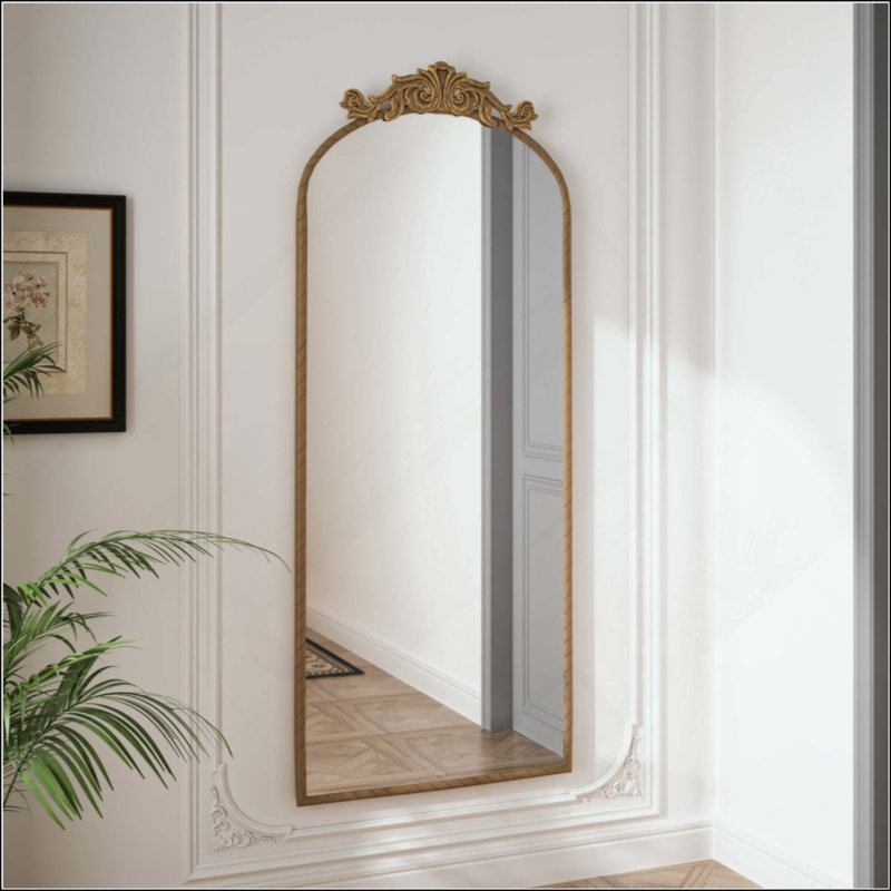 Arched Full Body Mirror With Vintage Ornate Carved Applique On Top, Hanging Wall Mounted Mirror, For Living Room Bedroom Retro Home Decor Mirror