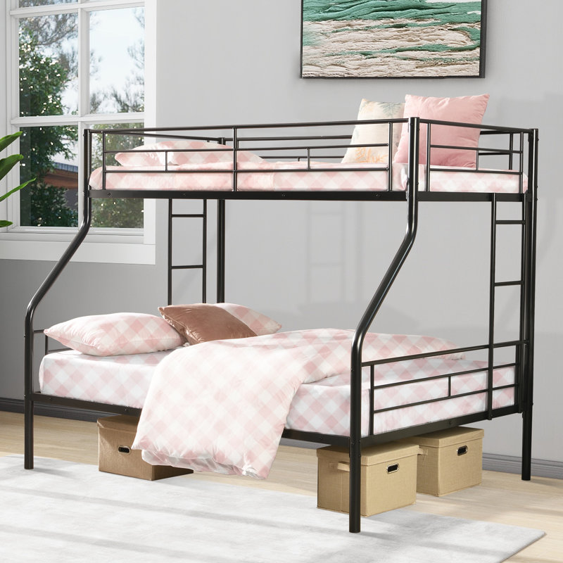 Metal Twin Over Full Bunk Bed With Trundle, Ladder, Full-Length Guardrails, Noise-Free, No Box Spring Required