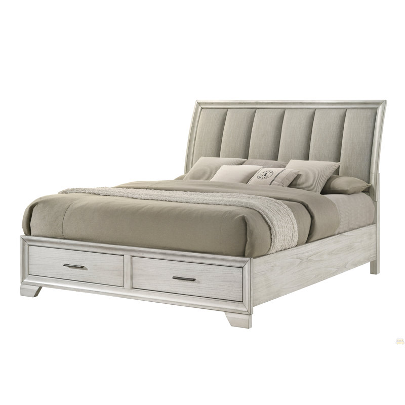 Lit plateforme grand avec rangement 1pc, Blanc antique, Grand lit