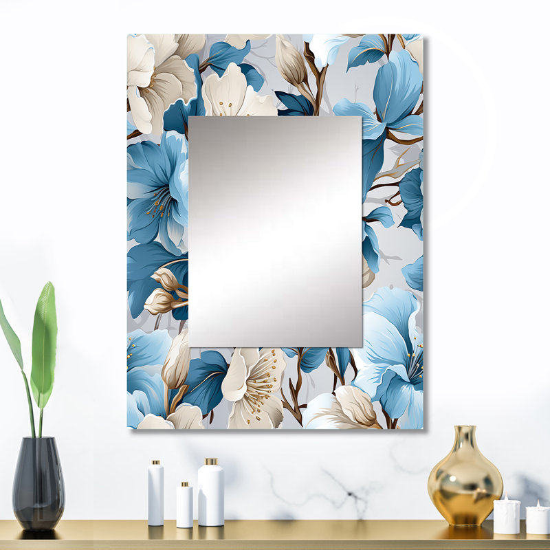 Obell, motif floral blanc et bleu - miroir floral, miroir mural floral unique, impression d'art en métal, 32 po x 24 po