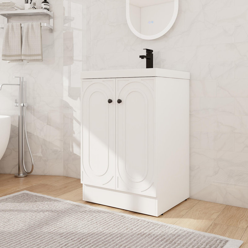 24" Single Sink Freestanding Bathroom Vanity Set, Floor Standing Bathroom Vanity With Resin Basin Sink Top, 2 Doors And 1 Adjustable Shelf