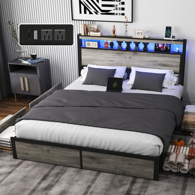Bed Frame with 4 Storage Drawers and 2-tier Solid Wood Headboard Storage With Charging Station and LED Lights, Noise Free