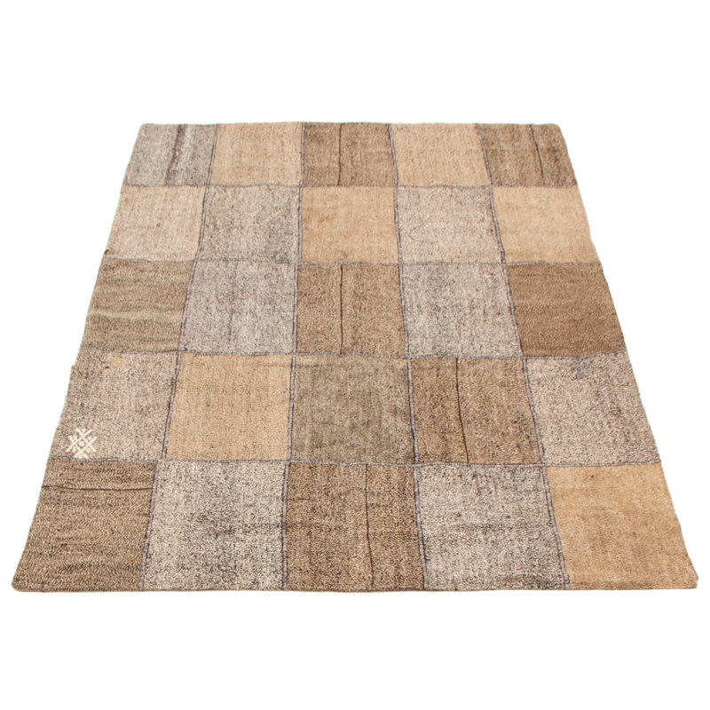 Tapis brun / gris en laine noué à la main de conception unique 4 pi 10 po x 7 pi 6 po Martiya