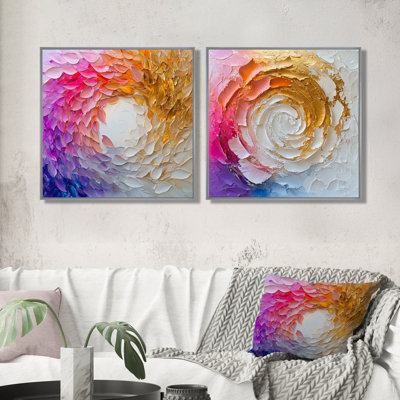 Encre florale blanche, rose et dorée I - décoration murale spirales abstraites - art mural moderne 2 pièces