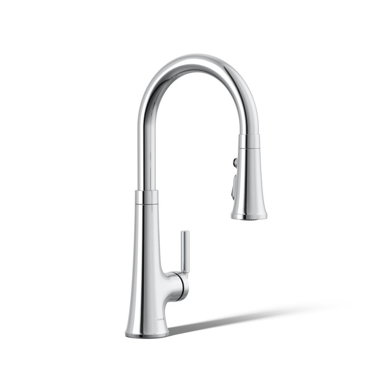 Polished chrome kitchen faucet with a high-arch pull-down sprayer and a single side-mounted lever handle.