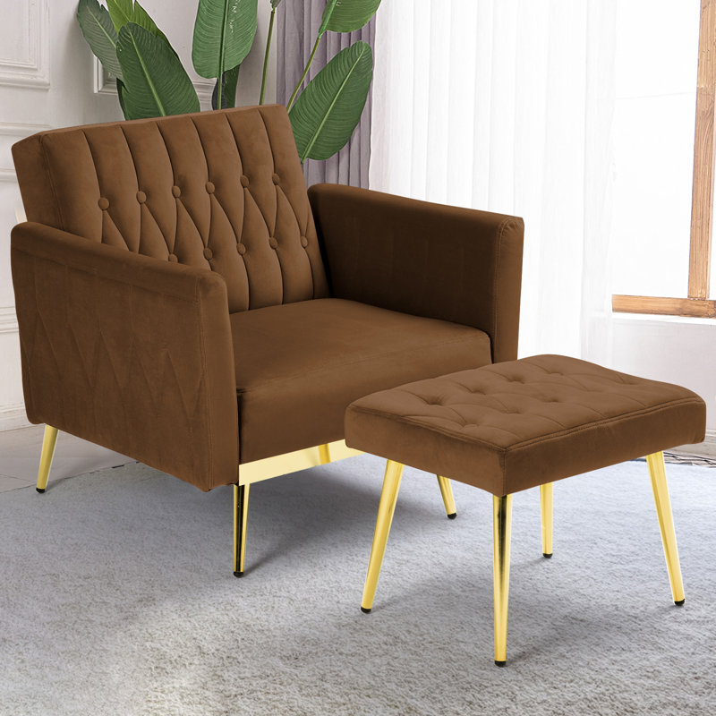 Siemon Velvet Accent Chair with Ottoman, Brown Velvet
