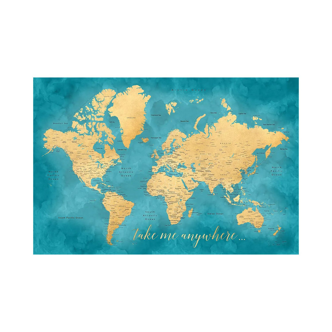 Take Me Anywhere Gold And Teal Detaillierte Weltkarte von Blursbyai - Gallery-Wrapped Canvas Giclée on Canvas