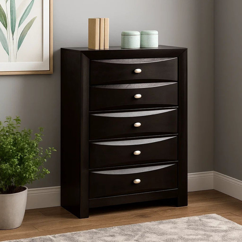 Simo Tall Dresser Chest, 5 Drawers, Chrome Handles, Modern Wood, Black