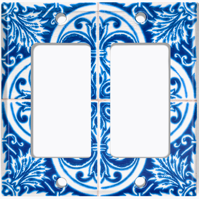 Metal Light Switch Plate Outlet Cover (Blue Damask Tile Leaves White  - Double Rocker)