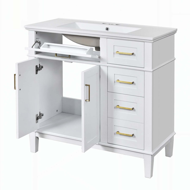 Meuble-lavabo moderne avec lavabo en céramique et plusieurs options de rangement pour une fonctionnalité accrue, Blanc