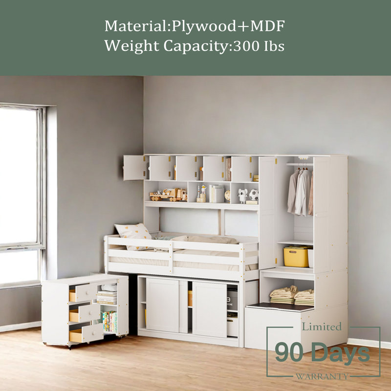 Lit mezzanine pour enfants avec tiroirs Jobina, Simple, Blanc