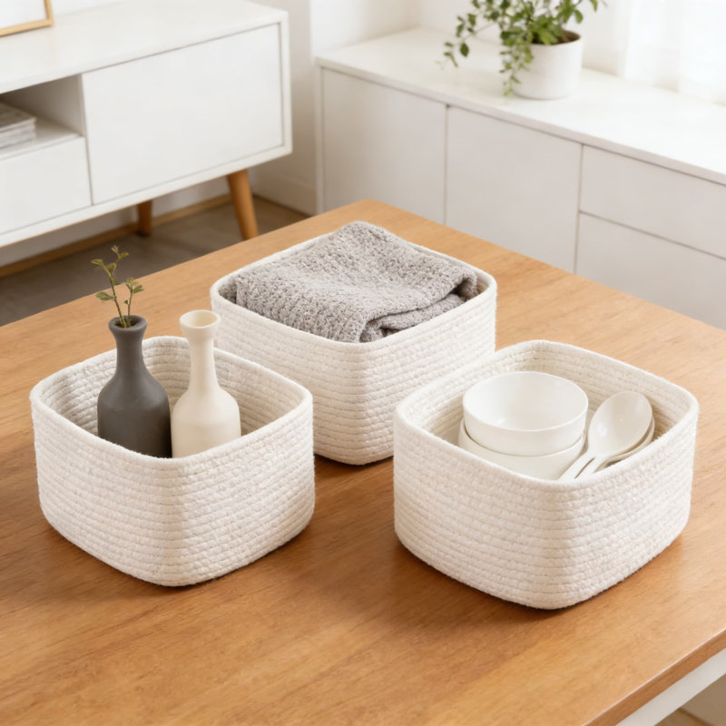 Cotton Rope Woven Storage Baskets, 3-Pack Cube Organizer Bins With Reinforced Handles For Shelves, Closets, And Home Organization