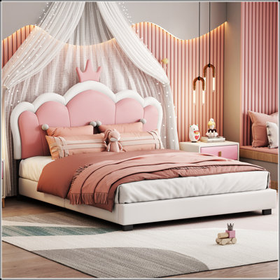Full Size Upholstered Princess Bed With Crown Headboard, White And Pink, Perfect For Elegant And Comfortable Sleep