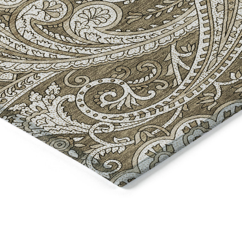 3' X 5' Chocolate Beige And Ivory Paisley Washable Indoor Outdoor Area Rug