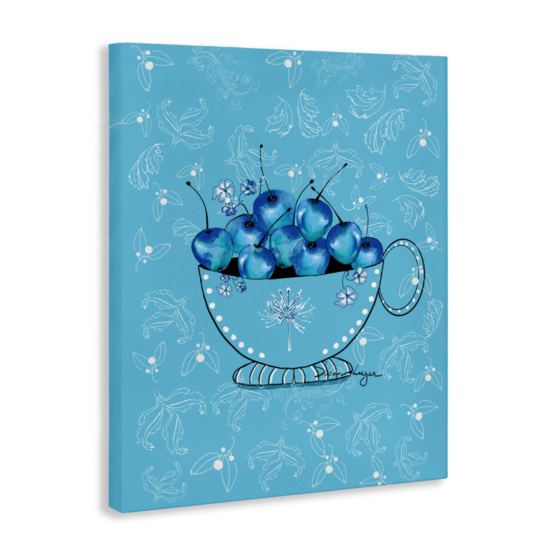 Blue Cherries Teacup on Florals Canvas, design by Susan Lugar, 20" H x 16" W