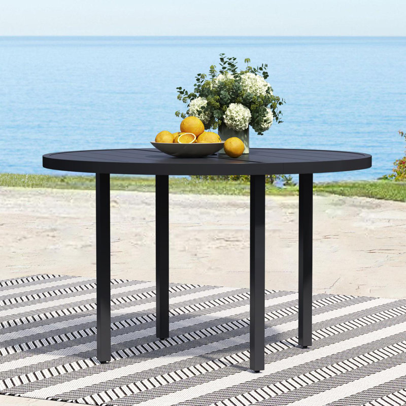 Metal Outdoor Table, Round Table for 6 with Umbrella Hole, Patio Table with Modern Minimalist Design, Black