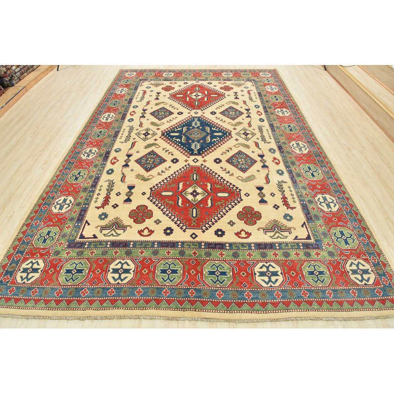Tapis géométrique beige en laine noué à la main 9 pi x 11 pi 11 po Kazak Geometric