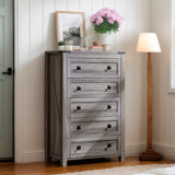 Kassi Farmhouse 5-Drawer Dresser – Rustic Wood Chest for Bedroom, Living Room, or Hallway