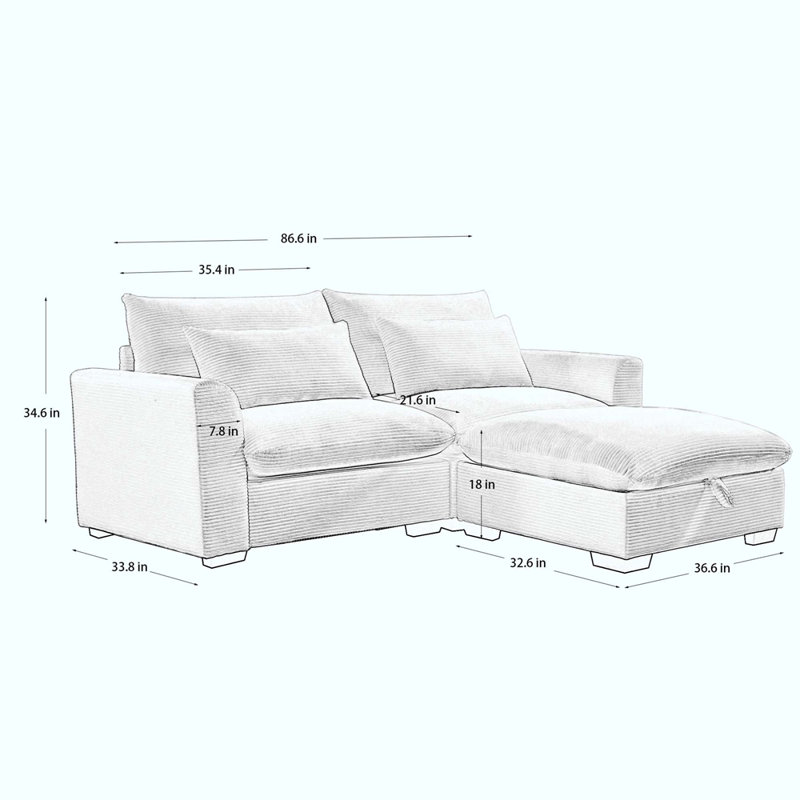 Sectional Sofa Comfy Corduroy Couch For Living Room With Pillows And Round Armrests, Modern Corduroy Sofa Sleeper Deep Couches With Storage Ottoman