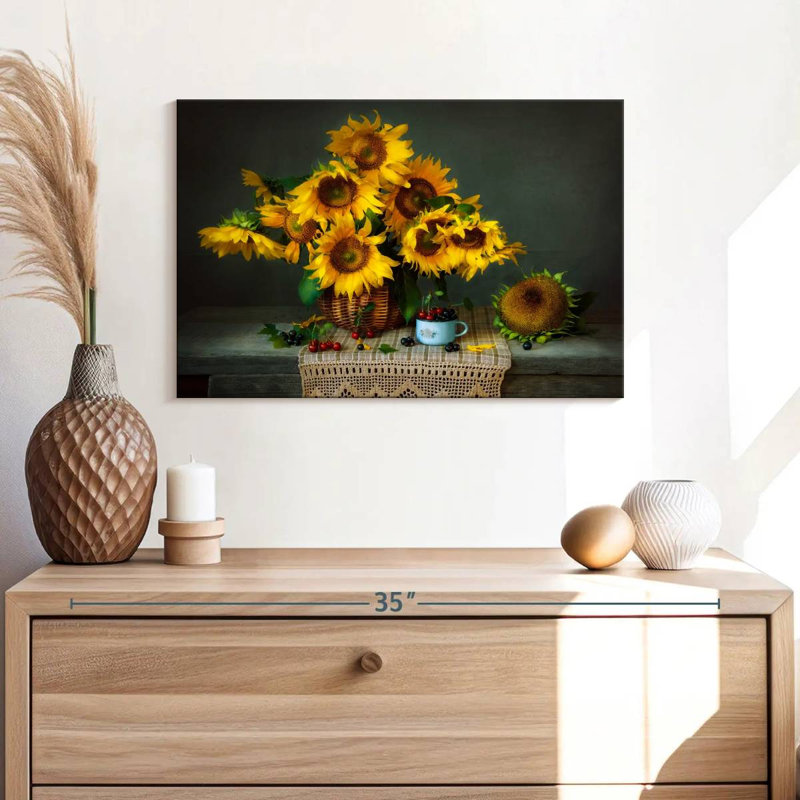 Harnek Rustic Sunflowers And Cherries, 32" H x 48" W