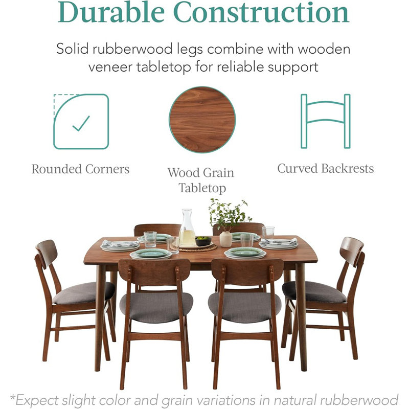 Ensemble de table de salle à manger 7 pièces en bois de style Mid-Century moderne avec 6 chaises et coussins rembourrés