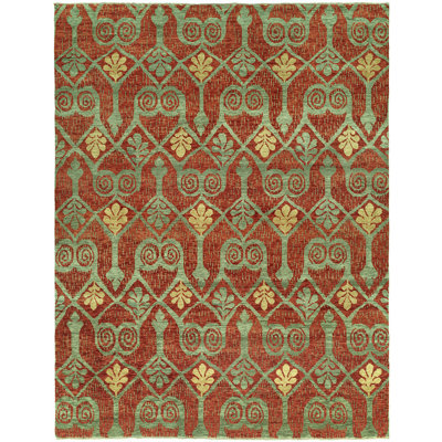 Tapis rouge / vert en laine noué à la main Dontavious