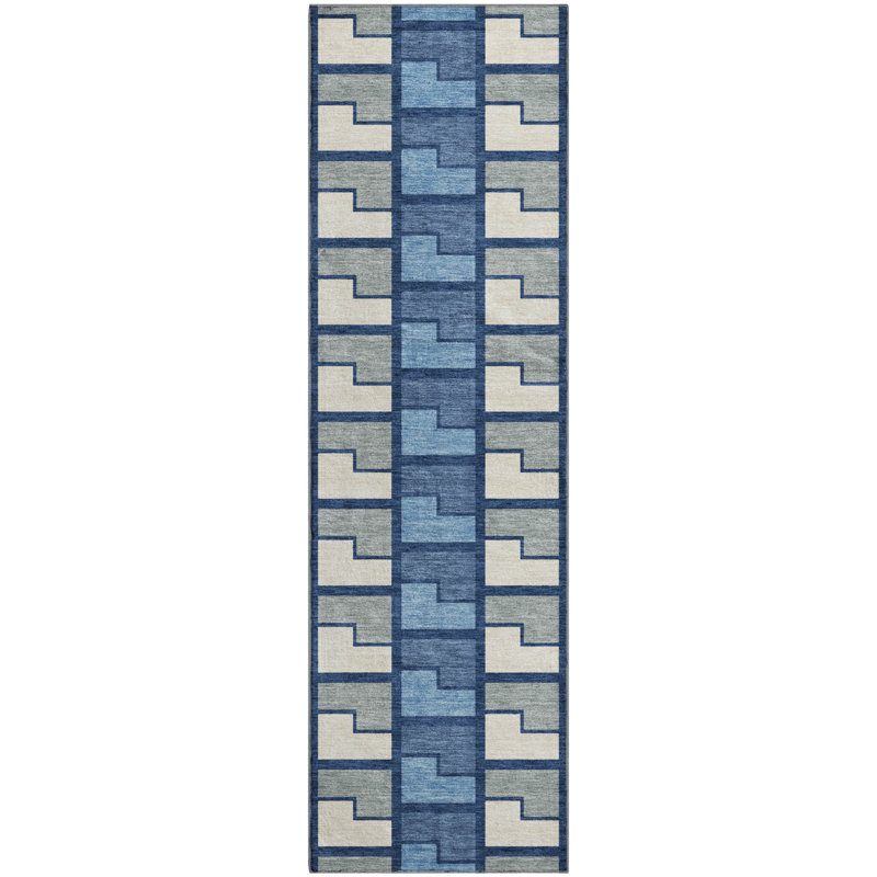 Premium Machine Washable Mayfield AMF2417 Geometric Rug, 2'3" x 7'6" Runner, Navy