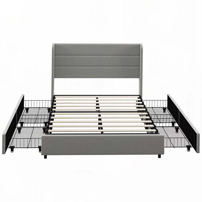 Structure de lit plateforme tapissier avec tiroirs de rangement, Double