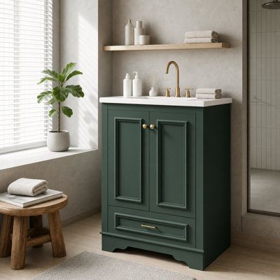Matte Sage Green Shaker Freestanding Vanity with Brass Hardware & White Sink