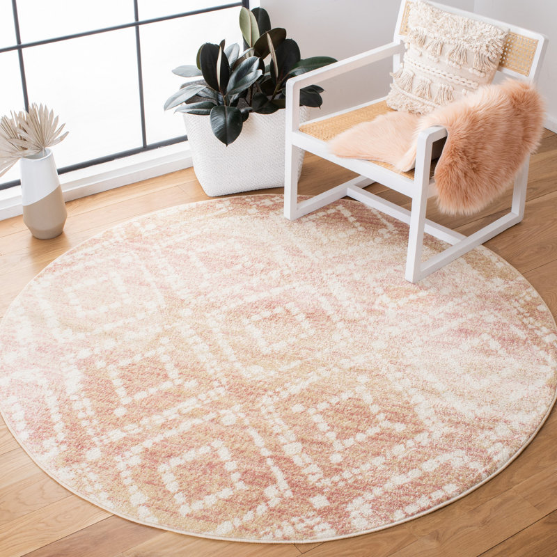 Geometric Pink/Gold/Beige Area Rug, Round 6'
