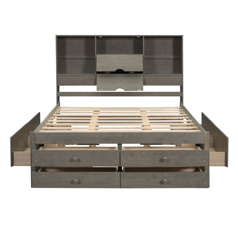 Grand lit plateforme avec tête de lit à rangement et 8 tiroirs, gris, Grand, gris