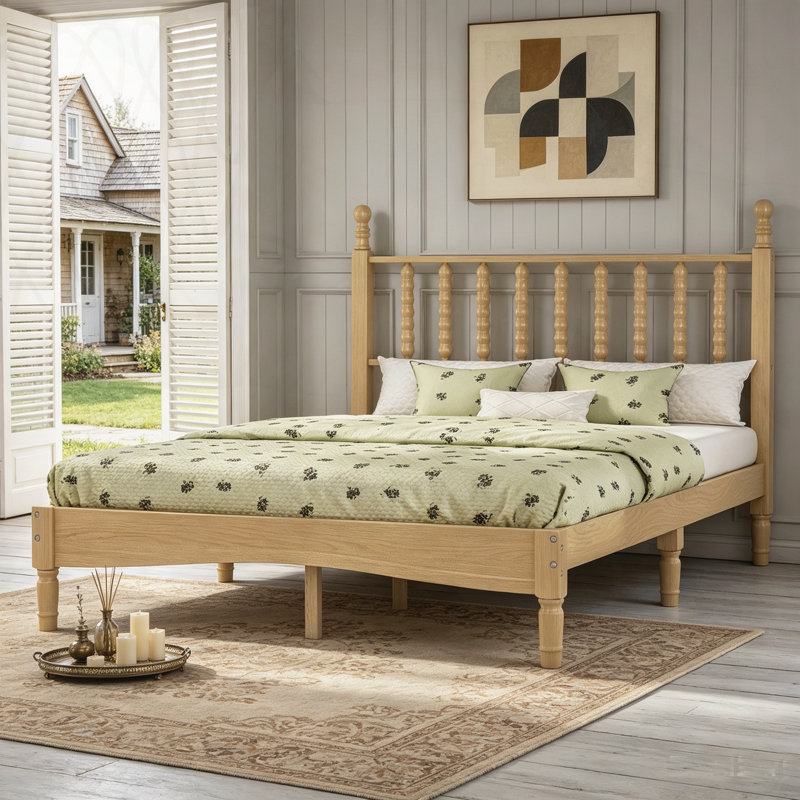 Lit plateforme en bois avec tête de lit en forme de gourde, style rétro et support en lattes de bois robuste pour un sommeil confortable