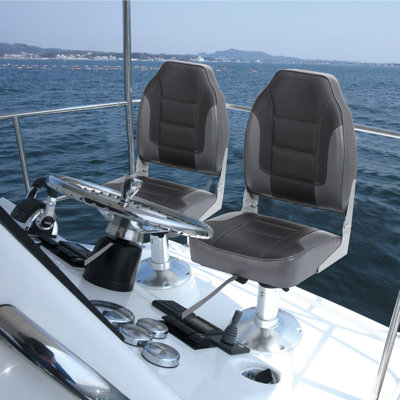 2 Pack Dark grey Folding Boat Seats High Back Fishing Boat Seat Comfortable Boat Chairs with Thick Sponge Padding and Hinge for Sightseeing Boat