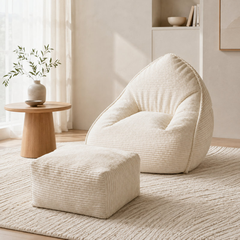 Fauteuil à billes 42 po en velours côtelé large avec repose-pieds pour adultes, chaise longue en forme de goutte d'eau, Beige