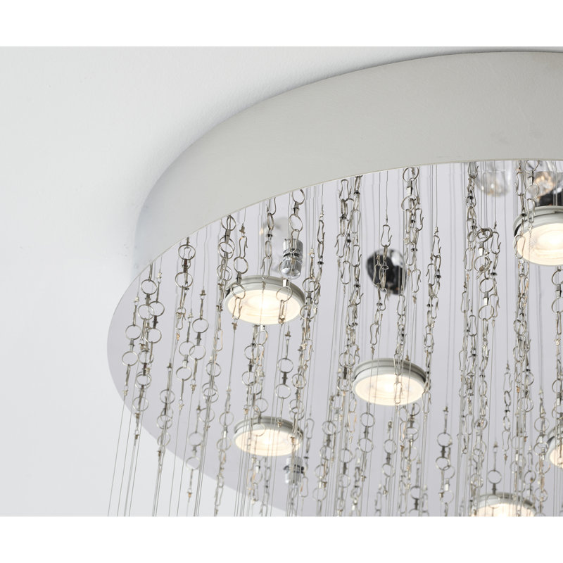 Lustre 9 lumières en laiton / chrome avec pierres de verre transparent et ambre, Chrome