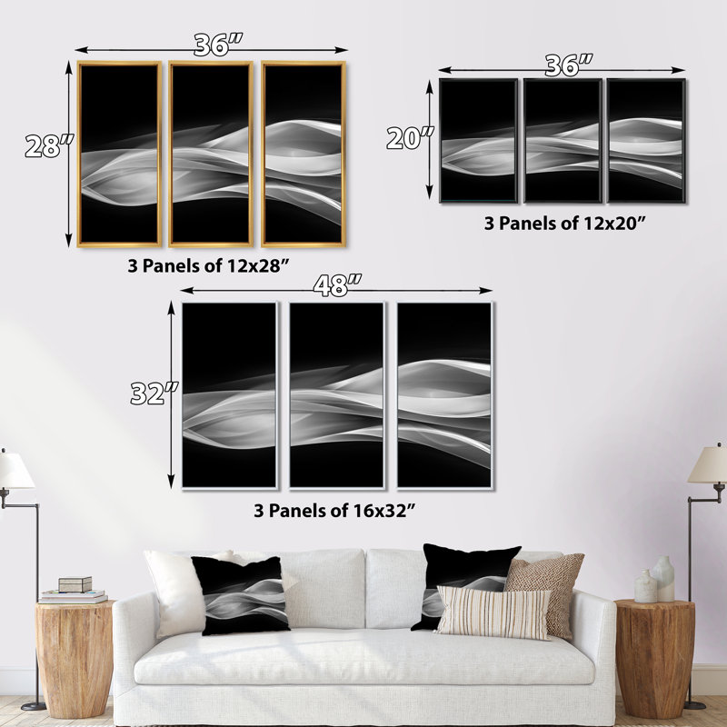Motif argent scintillant - ensemble de 3 toiles abstraites encadrées, Noir, H 28 po x l 36 po