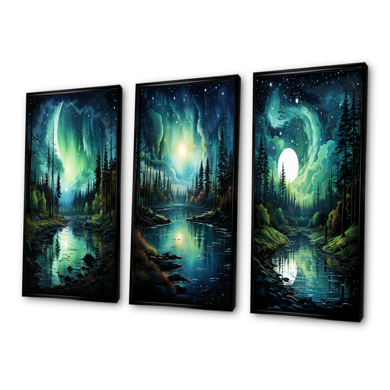 Northern Lights Aurora Reflection I - ensemble de 3 impressions murales sur toile Northern Lights, Cadre flottant noir