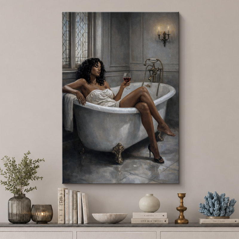 Elegant Wine Bath Relaxation Scene Artwork, Bathroom Pictures, Framed Canvas Giclee Print Wall Art, 48" H x 32" W x 1.5" D