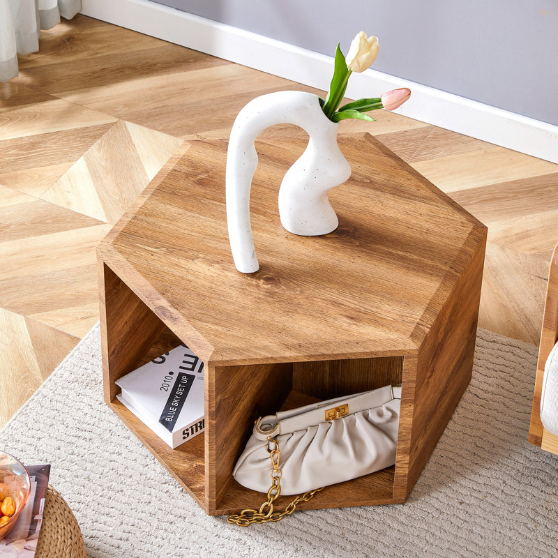 Hexagonal MDF Coffee Table, Wood Grain Pattern Stickers, Multi-Hole Design To Give More Storage Space