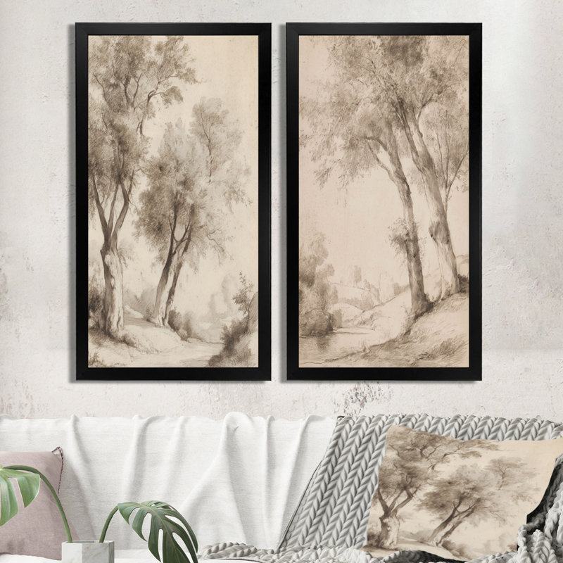 Art mural sur toile, "Vintage Forest In English Countryside", arbres, nature beige, H 32 po x l 32 po, Cadre naturel flottant