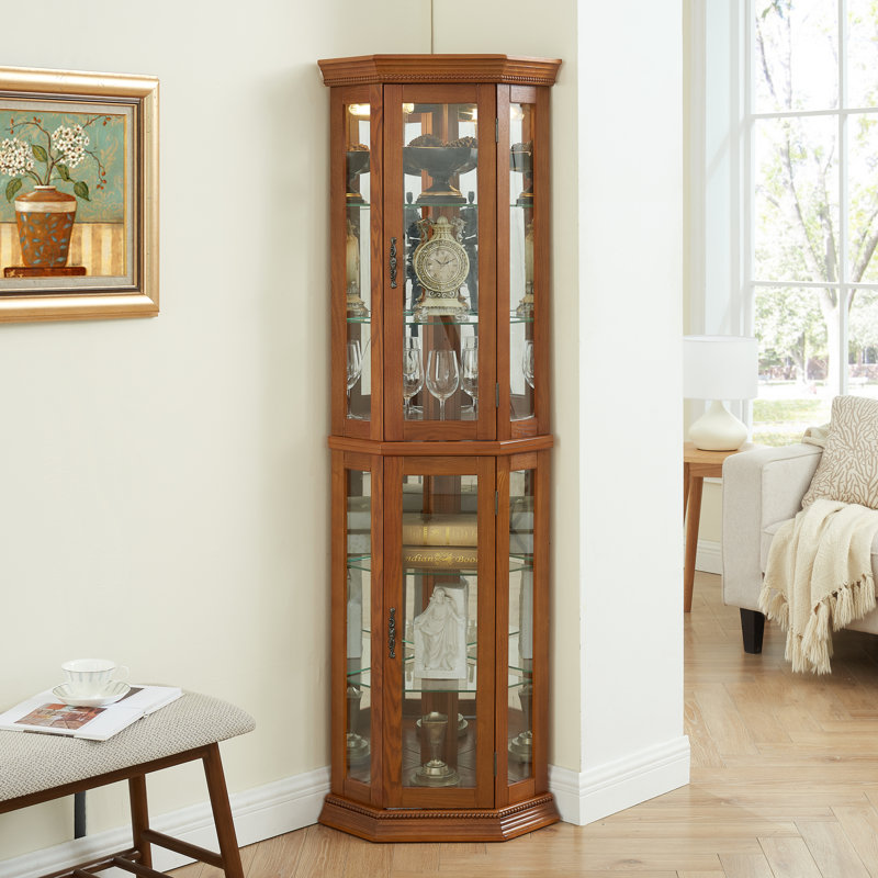 Corner Curio Cabinet Lighted Corner Display, Glass Display Shelf Shelving Bar Cabinet With Tempered Glass Door, Bar Cabinet,Cabinet With Adjustable Shelf Glass Cabinet Shelves Bead Bulb Included OAK