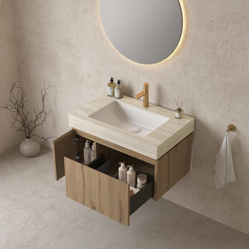 30"Bathroom Vanity with Sink, Roma Travertine Countertop and Ceramic Basin, Pre-Assembled Cabinet