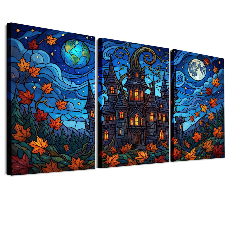 Château gothique aux fenêtres lumineuses et ensemble de 3 toiles murales d'Halloween, 24"H x 16"W x 3pcs