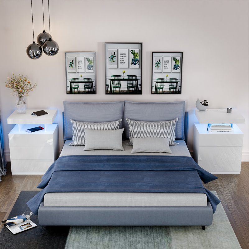 Britini Manufactured Wood Nightstand with Wireless Charging Station, LED Lights and 3 Drawers, White