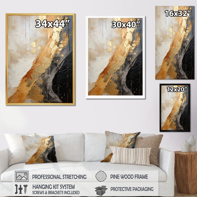 Minimalisme or chromé et poteries noires sur toile, H 20 po x l 12 po x P 1 po, Cadre doré simple