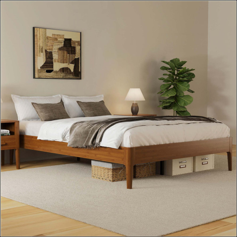 Structure de lit plateforme en bois de bambou sec à haute résistance, avec support en lattes de bois, style moderne et minimaliste, aucun sommier tapissier requis, assemblage facile