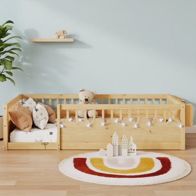 Montessori Toddler Floor Bed with Safety Rails, Twin Size, Natural Wood