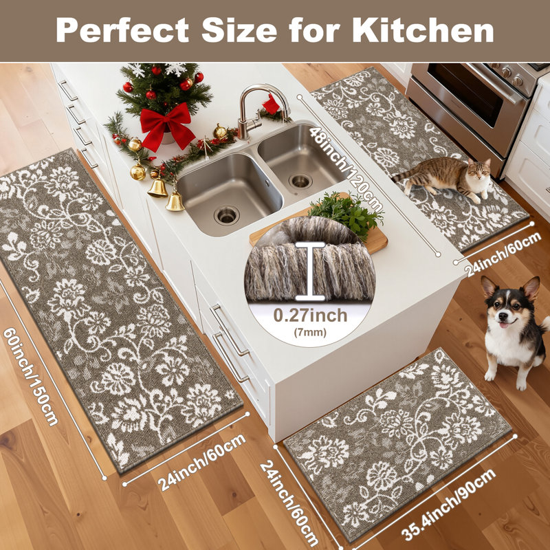 24"W Floral Non Slip Washable Kitchen Mat (Set of 3), Tan