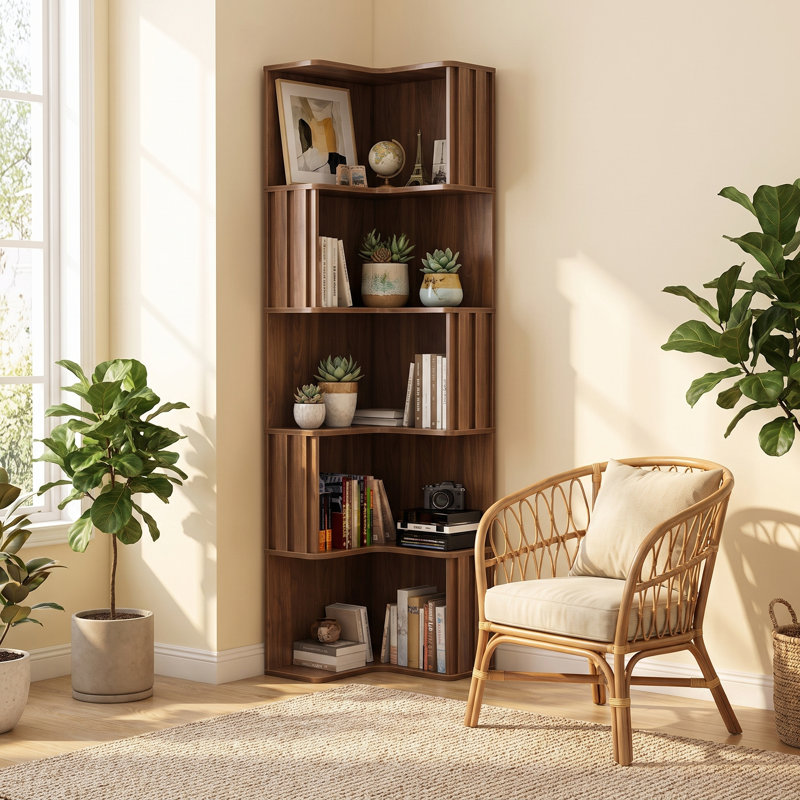 Bibliothèque d'angle à 5 niveaux avec chicane cannelée, présentoir en forme de L, support de rangement autoportant pour bureau à domicile, salon, chambre à coucher, cuisine